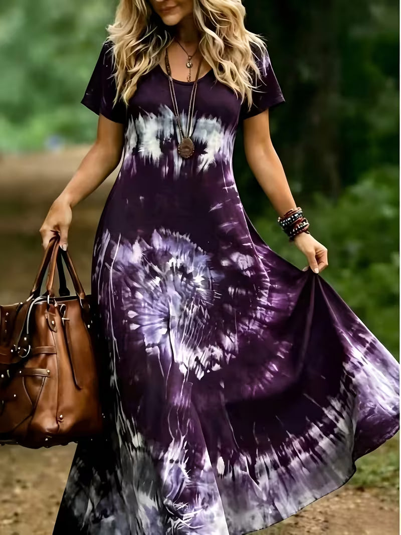 Women's Bohemian Tie-Dye Maxi Dress – Flowing Summer Casual Holiday Dress